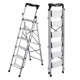 6 Step Ladder, Folding Step Stool with Wide Anti-Slip Pedal and Comfort Handgrip, 330 lbs Capacity Portable Aluminum Stepladder, Multi-Use for Kitchen