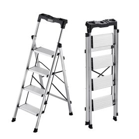 4 Step Ladder, Folding Step Stool with Wide Anti-Slip Pedal and Comfort Handgrip, 330 lbs Capacity Portable Aluminum Stepladder, Multi-Use for Kitchen