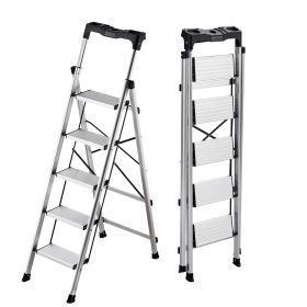 5 Step Ladder, Folding Step Stool with Wide Anti-Slip Pedal and Comfort Handgrip, 330 lbs Capacity Portable Aluminum Stepladder, Multi-Use for Kitchen