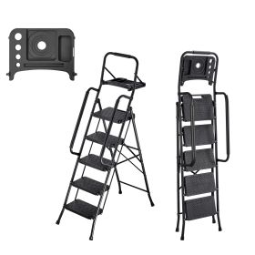 5 Step Ladder, Folding Step Stool with Wide Anti-Slip Pedal, Tool Tray, Dual Side Handrails, 600 lbs Capacity Portable Steel Ladder