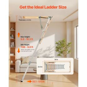Attic Ladder, 375LBS / 170KG Capacity, 9.8 to 10.3 ft / 3 to 3.13 m Height Adjustable, Multi-Purpose Foldable Aluminium Attic Stairs